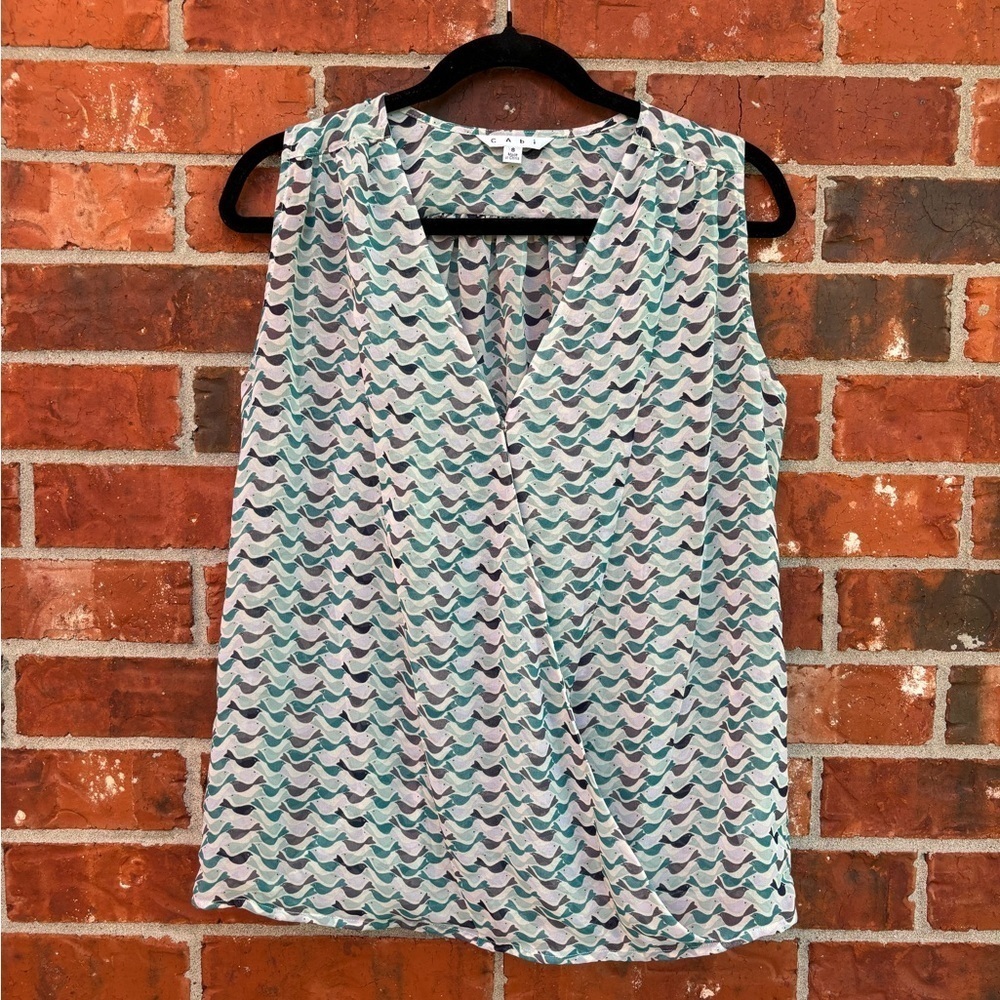 CAbi 342 Womens Small Tweet Sheer Vneck Faux Wrap Crossover Sleeveless Blouse